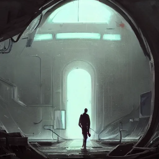 Image similar to concept art by greg rutkowski, a very tall and slender young man, dressed in patient clothes and an open sweatshirt, wandering through the desolate, futuristic, brutalist interior of a space colony, depressing atmosphere, low lighting, scifi, highly detailed portrait, digital painting, artstation, concept art, smooth, sharp foccus ilustration, artstation hq