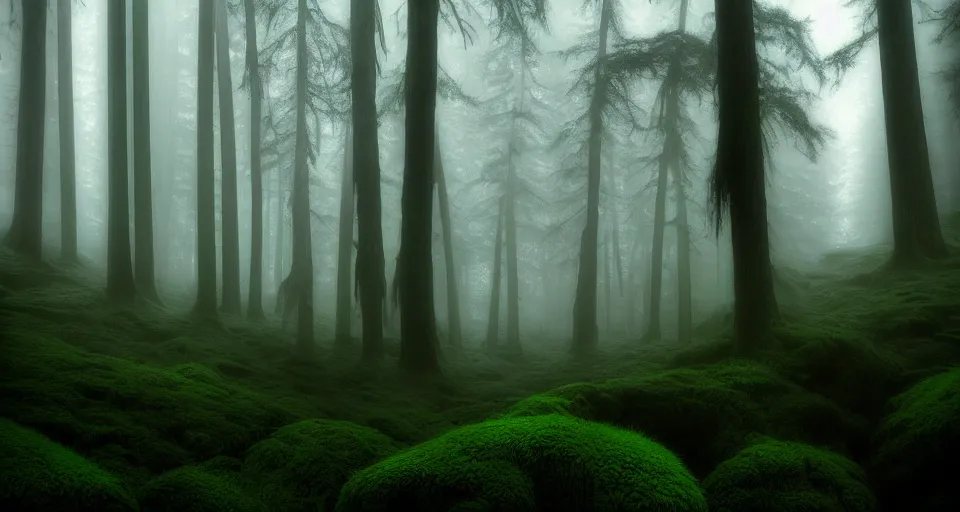 Image similar to deep inside the forest, fog, mist, moss, ferns, epic, award winning photo by ansel adams, masterpiece, artstation