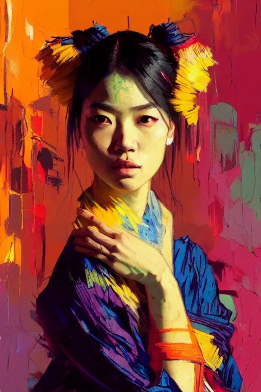 Prompt: portrait of a beautiful asian female, complementary colors, beautiful face, rule of thirds, intricate outfit, spotlight, by greg rutkowski, by jeremy mann, by francoise nielly, by van gogh, digital painting