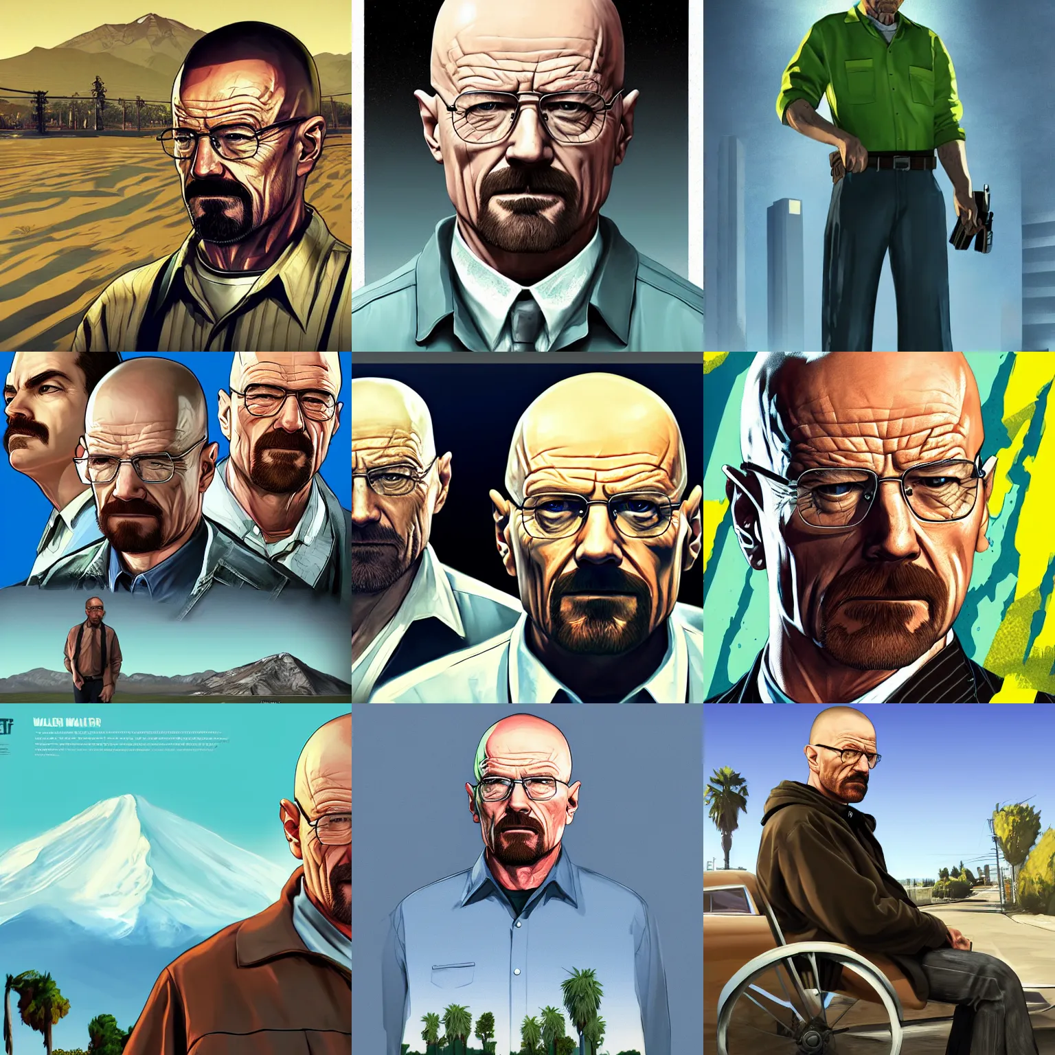 Prompt: walter white in gta v cover art by stephen bliss, artstation