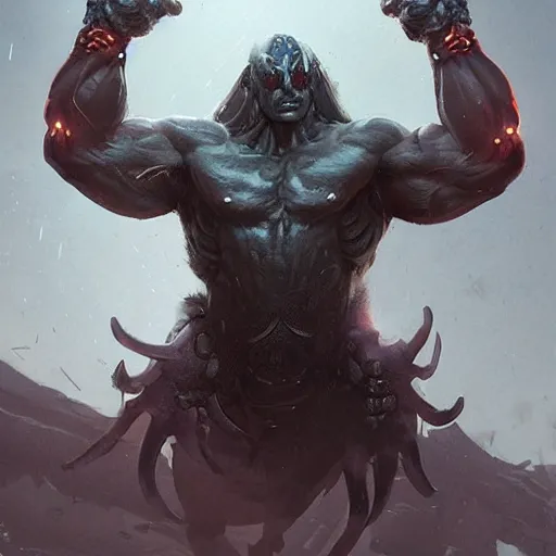 Prompt: mutant man, fantasy boss, dramatic illustration, muscular character, huge horns, art by greg rutkowski, digital art, artstation