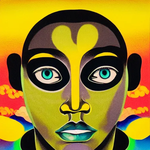 Image similar to a black man with yellow eyes and a dark rainbow background, gouache painting by francis bacon and tomokazu matsuyama, by ed paschke, by agnes pelton, by patrick nagel, behance contest winner, generative art, irridescent, holography, neon, dark art, retrowave, grain, black background