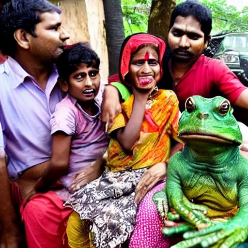 Image similar to a happy Bengali family shattered by cat faced salesmen who are afraid of being eaten alive by giant frogs