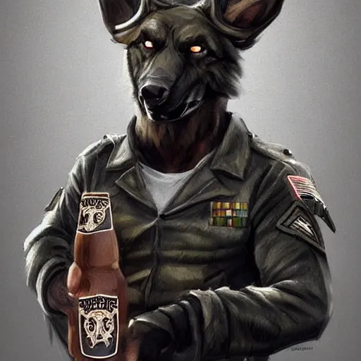 Image similar to a humanoid german shepherd beast - man in military style, holding a bottle of beer, artstation, concept art, smooth, sharp foccus ilustration, artstation