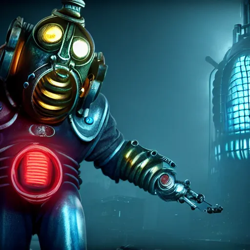 Image similar to isaac clarke as a bioshock big daddy, unreal engine 5, bioshock deadspace, high detail 3 d render,