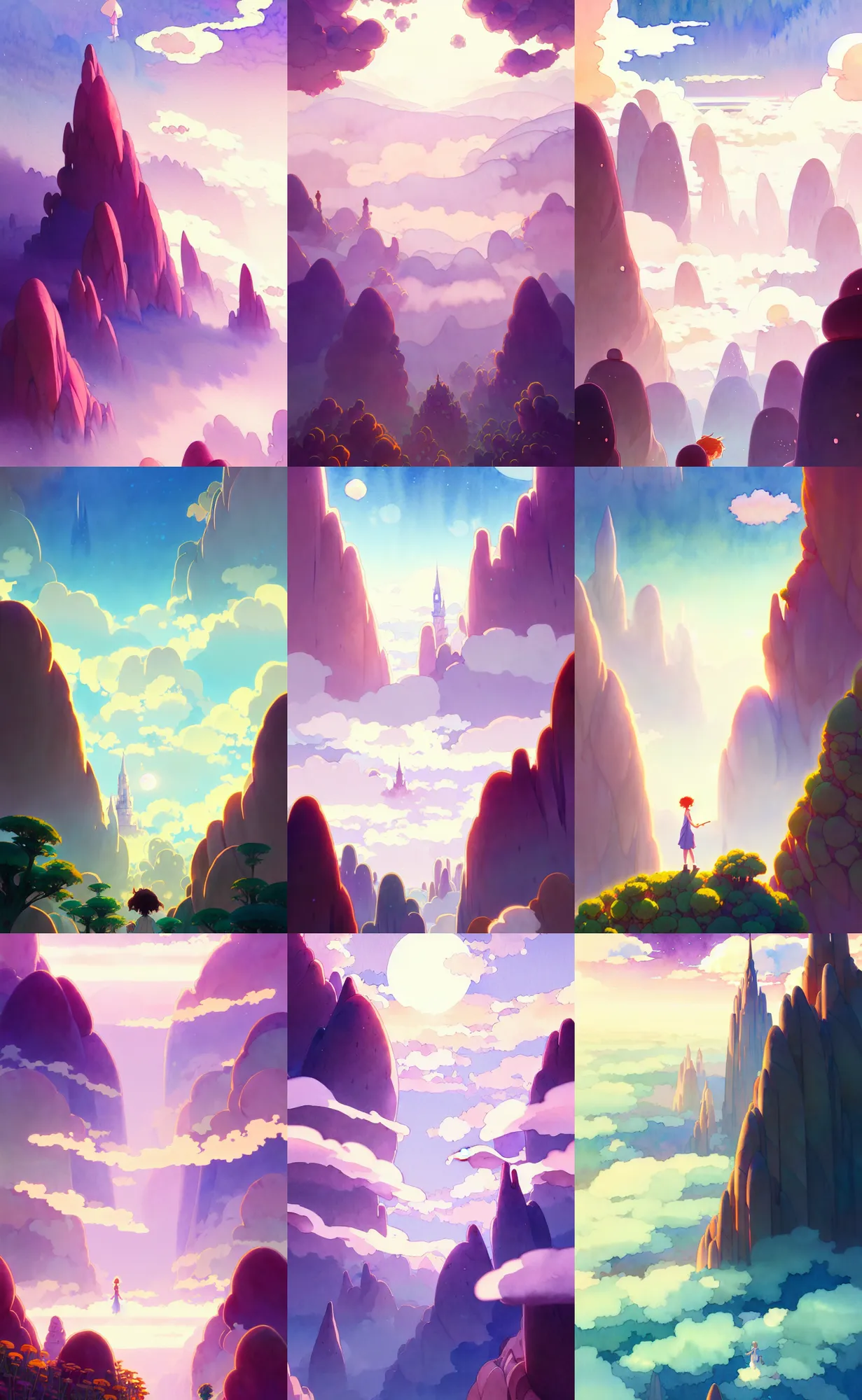 Prompt: a wholesome animation key shot, thin spires of ancient masonry peaks rise above clouds, studio ghibli, pixar and disney animation, sharp, disney concept art watercolor illustration by mandy jurgens and alphonse mucha and alena aenami, pastel color palette, bloom, dramatic lighting