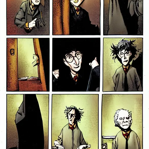 Image similar to comics Harry Potter talking to the Sandman in The Sandman comic, by Neil Gaiman, by Dave McKean, comics Sandman, small details, whole-length, clear faces