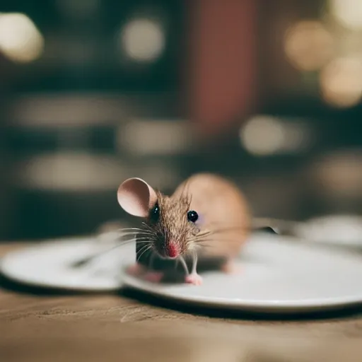 Prompt: macro photo of a mouse in a miniature fancy restaurant