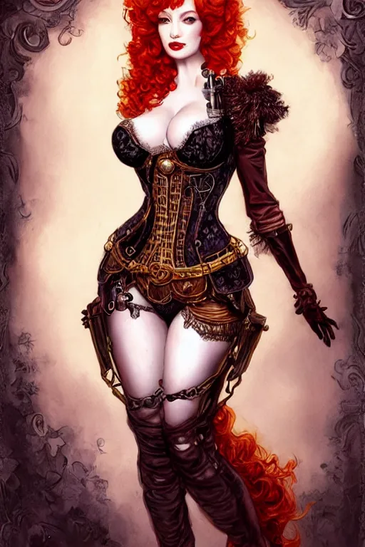 Image similar to three-quarters pose portrait of Christina Hendricks as a sensual Lady Mechanika, very beautiful young woman, ginger wavy hair, Victorian-era push-up underwire. Intricate, steampunk imagery themed, D&D!, fantasy style, sharp focus!, ultra detailed, art by Artgerm and Peter Andrew Jones, WLUP