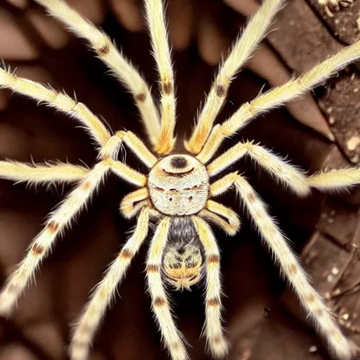 Image similar to a spider whose body is covered in long blonde hair