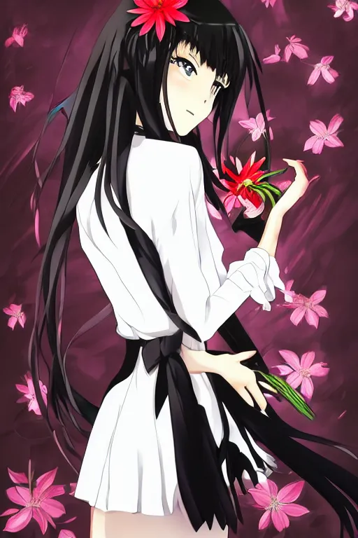 Image similar to Key anime visual of a beautiful girl with black hair and red eyes holding a spider lily; wearing white blouse with black tie; trending on Pixiv; digital art