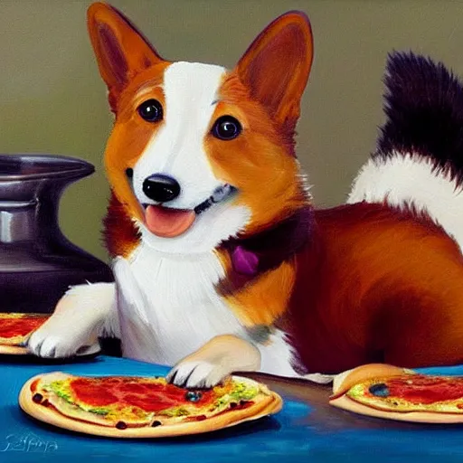 Prompt: a beautiful painting of a happy corgi eating a pizza while sitting on the starting grid of a formula 1 race about to start.