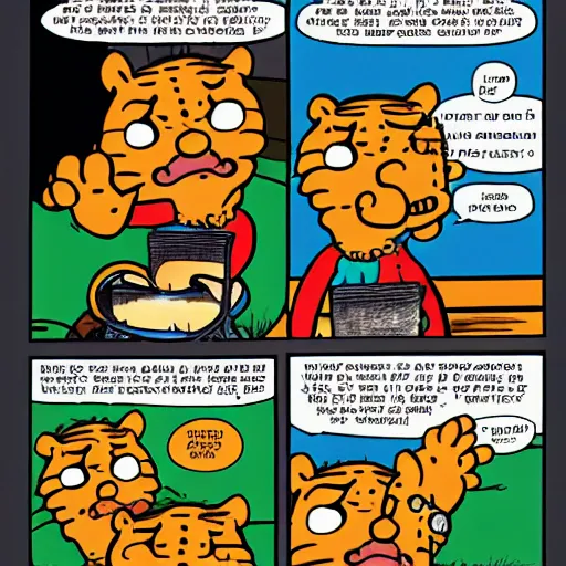 Prompt: garfield comic, garfield eats jon