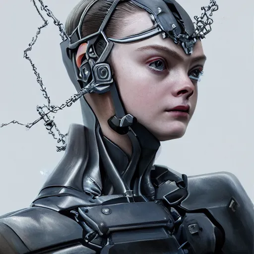 Prompt: head and shoulders portrait of modern darna, elle fanning in metal gear solid and death stranding, intricate, elegant, dark vibes, highly detailed, digital painting, artstation, glamor pose, concept art, smooth, sharp focus, illustration, art by wlop, mars ravelo and greg rutkowski