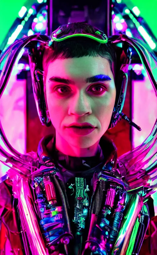 Prompt: Neon, vibrant, bedazzling, dappled lighting, vivid, radiant, futuristic Instagram selfie of Grimes as a cyberpunk alien, trending on artstation, macro photography, photorealistic quality, 4k, 8k, trending on artstation, artstationHQ, artstationHD.