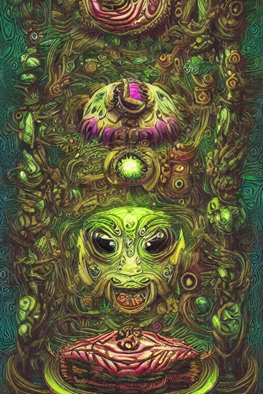 Image similar to creature sushi roots cactus elemental flush of force nature micro world fluo light deepdream a wild amazing steampunk baroque ancient alien creature, intricate detail, colorful digital painting