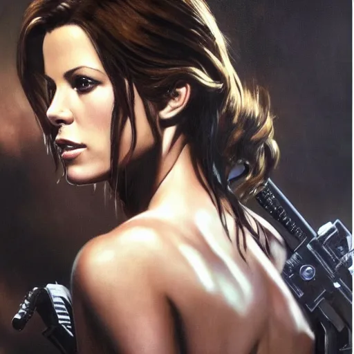 Prompt: ultra realistic portrait painting of kate beckinsale in resident evil, art by frank frazetta, 4 k, ultra realistic, highly detailed, epic lighting.