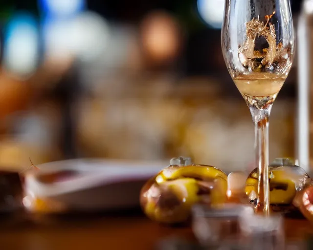 Prompt: 8 5 mm food photography of a severed eyeballs skewer at a restaurant with dof and bokeh and wine glasses out of focus in the background. highly detailed 8 k. intricate. lifelike. soft diffused light. nikon d 8 5 0.