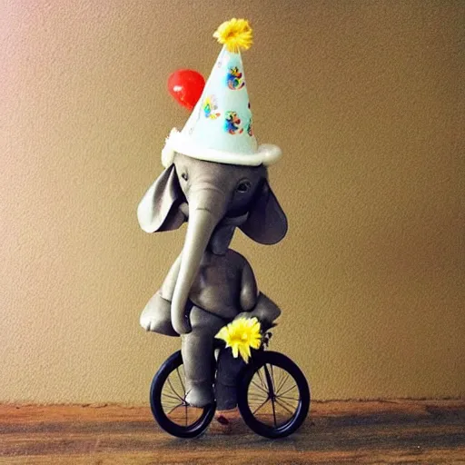 Prompt: “ an elephant wearing a birthday hat and a tutu, on a unicycle, photorealism ”