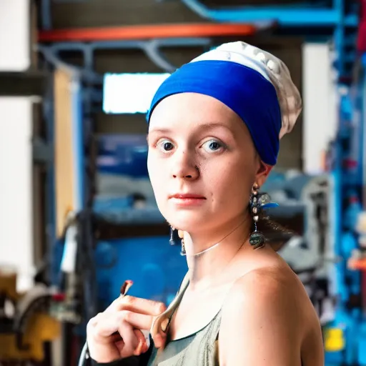 Image similar to the real life version of the girl with a pearl earring living her life as a mechanic in a small town, still from a local magazine, high quality photography,