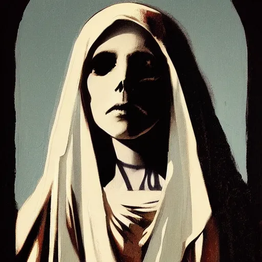 Prompt: painting of the virgin mary skull face by greg rutkowski and warhol and banksy and jc leyendecker