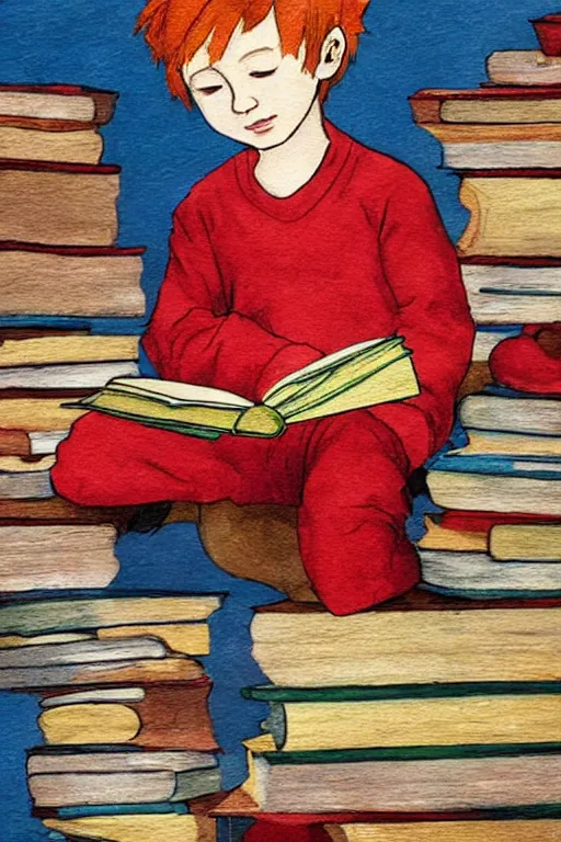 Image similar to a little boy with red hair sits cross legged on top of a tall pile of books. he is reading. clean elegant pretty cartoon painting, beautiful detailed face, storybook illustration.