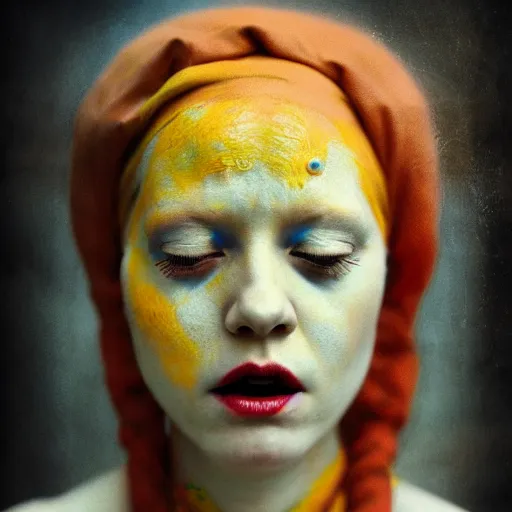 Prompt: realistic expired kodak film portrait of albino india woman tentacled creature mix, marigold celestial vibe, hyperrealism, hypermaxiymalism, photorealistic, detailed, atmospheric, 8 k, award winning photography, cinematic