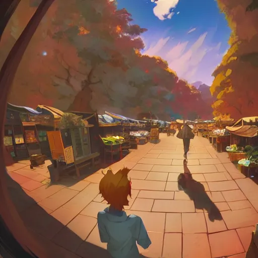 Image similar to bowerstone market fable 4 art, fisheye lens, first person perspective, by rhads, makoto shinkai and lois van baarle, ilya kuvshinov, ossdraws