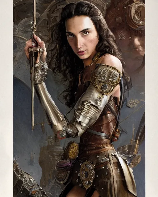 Image similar to highly detailed steampunk gal gadot standing, steel age : leonardo da vinci, greg rutkowski, magali villeneuve