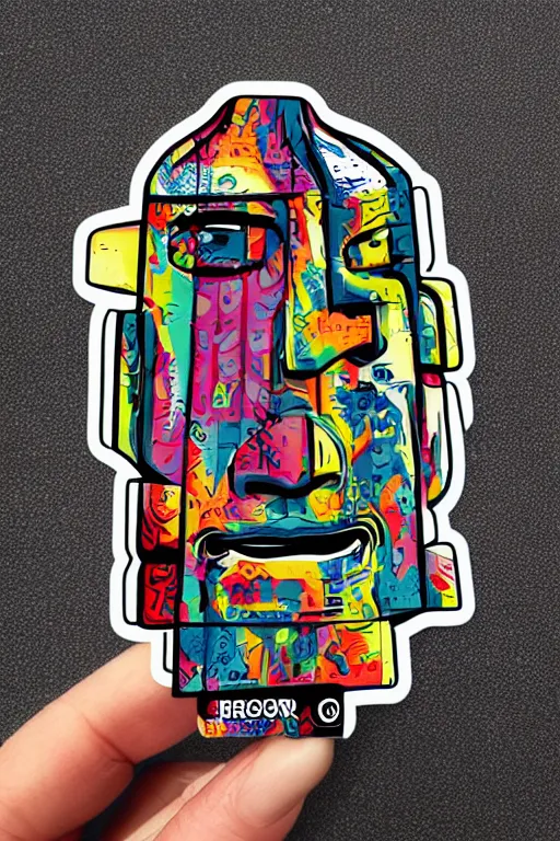 Image similar to sticker art, cronobreaker moai statue popart slap face caricature comic book illustration cartoon graffity street digital