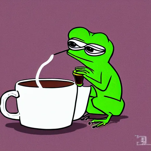 Prompt: A Smug Pepe the Frog wearing a sweater and drinking out of a shiny coffee mug, detailed, very detailed, heavily detailed, HD Quality, 4k Resolution, 8k Resolution, Epic, Awesome, Detailed Face, Very Detailed Face