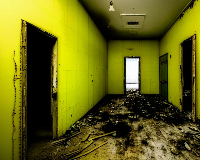 Prompt: the backrooms, the eerie forlorn atmosphere of a place that's usually bustling with people but is now abandoned and quiet, walls with tone of yellow, buzzing fluorescent lights, unsettling images, liminal space