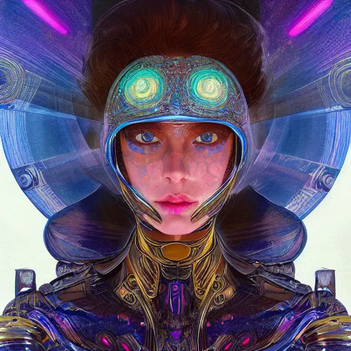 Prompt: psychedelic portrait of a beautiful android warrior woman, armor suit, blue eyes, intricate, elegant, highly detailed, trippy, dmt, digital painting, artstation, concept art, smooth, sharp focus, illustration, art felix kelly and greg rutkowski and alphonse mucha