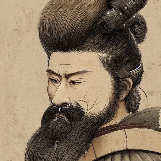 Prompt: a gorgeous portrait of a grizzled samurai warrior with a beard and a topknot hairstyle, painted by Leonardo Da Vinci, trending on artstation, 4k, 8k, expressive and detailed, masterpiece, elaborate brush strokes