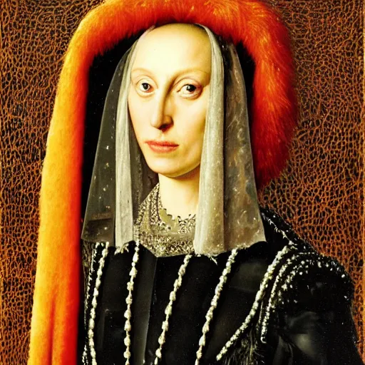 Prompt: portrait of lady gaga, oil painting by jan van eyck, northern renaissance art, oil on canvas, wet - on - wet technique, realistic, expressive emotions, intricate textures, illusionistic detail