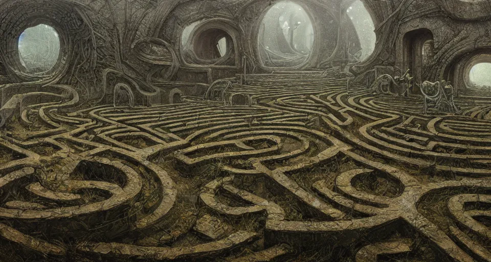 Prompt: ancient greek overgrown labyrinth, by giger, stalenhag, beksinski, retro sci - fi movie, highly detailed, photorealistic, illustration, matte painting, 8 k, trending on artstation
