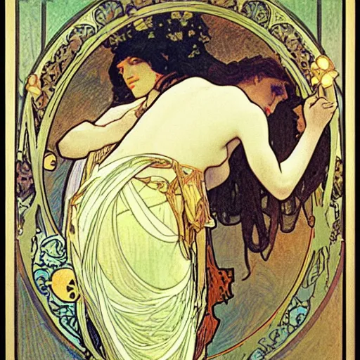 Prompt: narcissus and echo, painted by alphonse mucha