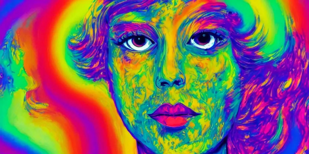 Image similar to a painting of a human head with a rainbow in the background, a pop art painting by Lisa Frank, shutterstock contest winner, psychedelic art, psychedelic, colorful, vivid colors