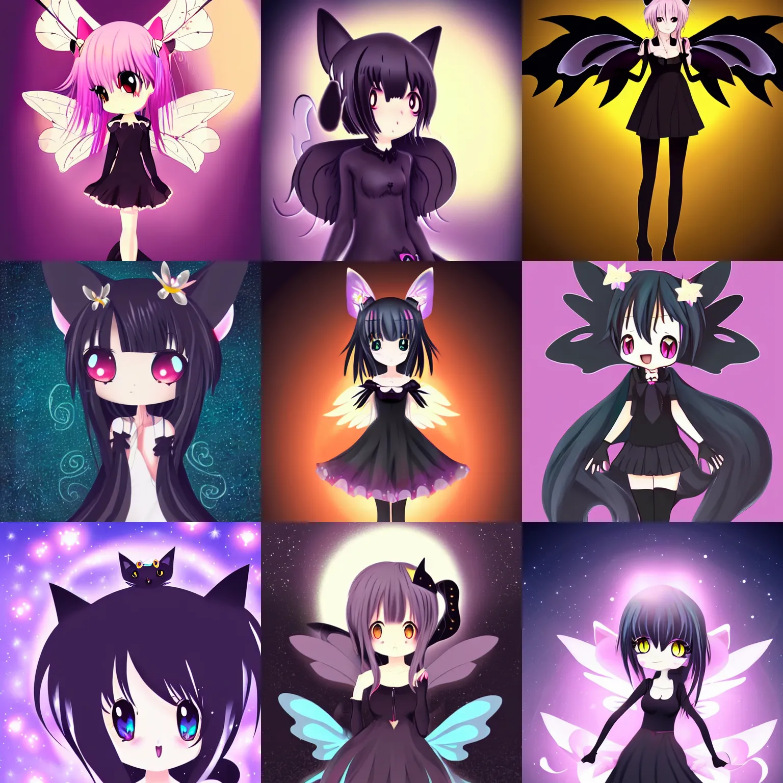 Image similar to cute, full body, female, anime style, a salem black cat girl with fairy wings, large eyes, beautiful lighting, sharp focus, simple background, creative