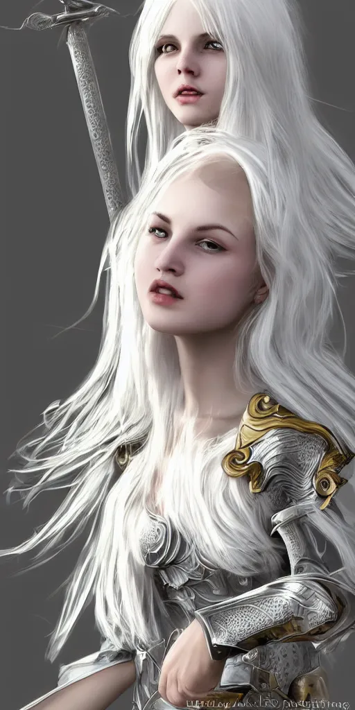 Prompt: divine white - haired female knight, beauty, dynamic lighting, close - up, high detail, photographs, realism, 3 d, cinematic lighting, post - processing, concept art, mary magni's style
