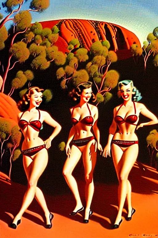 Image similar to 1940s group of pinup bikini girls walking around 1940s Ayers Rock, Uluru, in Australia, oil painting, by Gil Elvgren