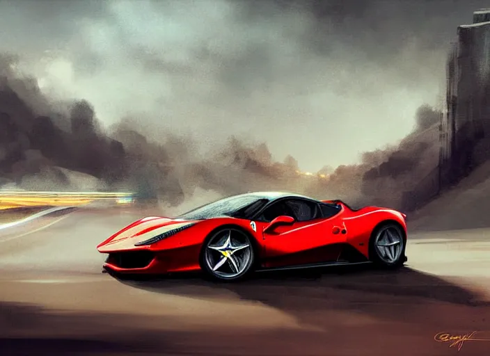 Image similar to A grown man driving a Ferrari in 1800. Digital painting. Greg Rutkowski. Fantasy artwork.