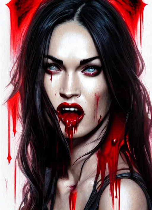 Prompt: portrait of megan fox as a evil vampire queen baring her fangs, bloody tears, jewelry, greek, dark, fangs, intricate, headshot, fangs, key visual, conceptart, ambient lighting, highly detailed, digital painting, artstation, concept art, sharp focus, by makoto shinkai and akihiko yoshida and greg manchess
