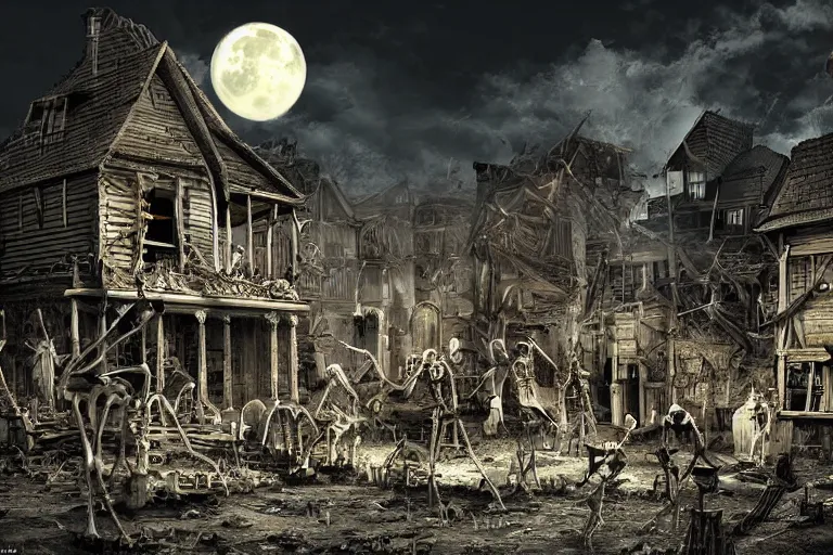 Prompt: skeletons and corpses break down buildings in the village, dark night, moon, highly detailed digital art, photorealistic