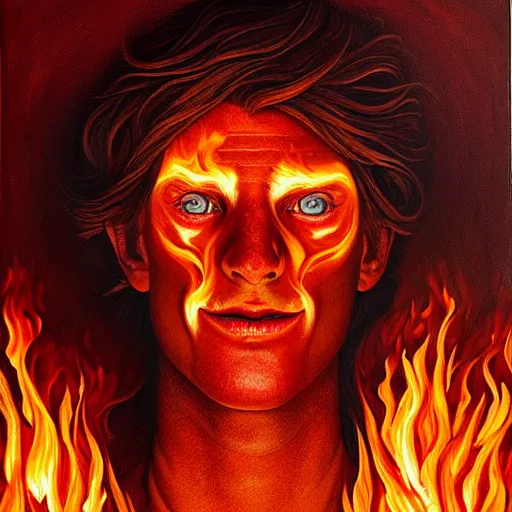 Image similar to a hyper realistic painting of a young fire - man, all body covered with a fire, by jeffrey smith, by andrea kowch