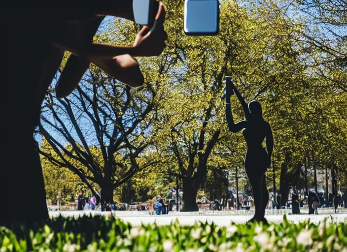 Image similar to photo still of a bronze statue of a woman using an iphone to take a selfie in a park on a bright sunny day, 8 k 8 5 mm f 1 6