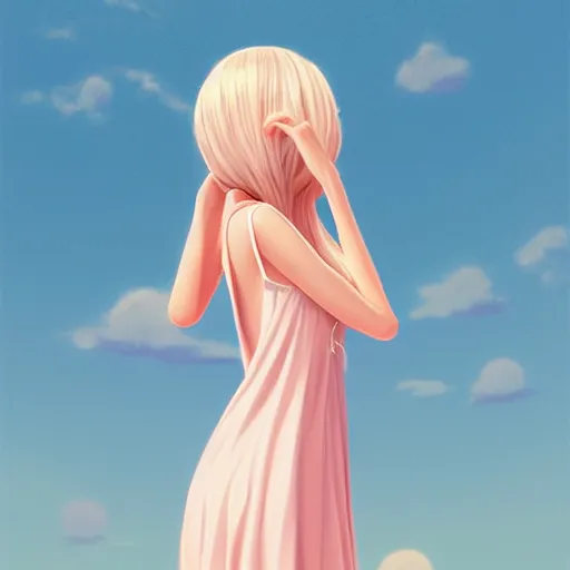 Image similar to happy adult female in sundress, summer dress, pastel light pink very long hair, muted colors, matte print, pastel colors, 2d, ultra highly detailed, digital art, digital painting, fan art, elegant, artstation, head is centered, by Ilya Kuvshinov