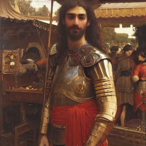 Image similar to orientalist portrait of a knight standing in a market intricate artwork by john william waterhouse and Edwin Longsden Long and Theodore Ralli and Henryk Siemiradzki. trending on artstation, very coherent symmetrical artwork high detail 8k