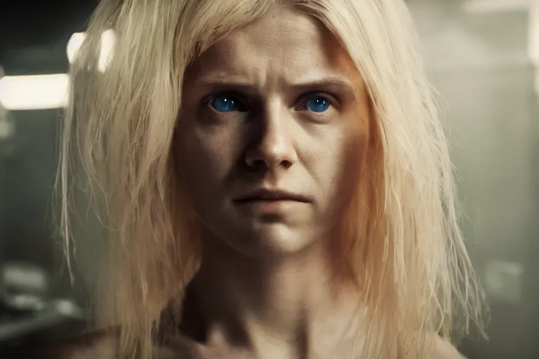 Prompt: still from a dystopian sci - fi movie, a young blond woman wearing a dirty tank top, exploring a dark dystopian lab, muted colors, very dark, medical equipment, 8 k, cinematic, dramatic lighting, very detailed face, hyperrealistic, movie still frame, promotional image, imax 7 0 mm footage