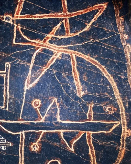 Image similar to cave painting, ultra hd, depiction of crosses and ufo, very detailed to photography